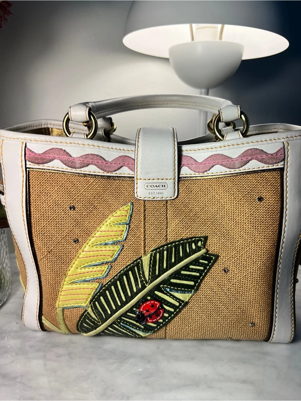 VINTAGE Coach RARE Y2K Leafy Ladybug Boxy Straw Tote Bag Limited Edition 4439 - Picture 7 of 17